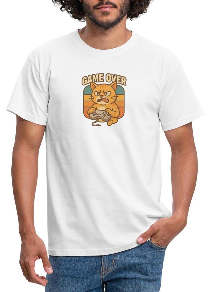 Spreadshirt Game Over | Zockende Katze Männer T-Shirt, XL, Weiß