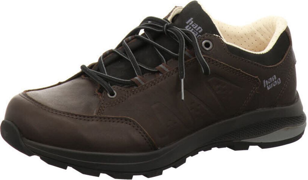 A single brown hiking shoe is shown against a white background.