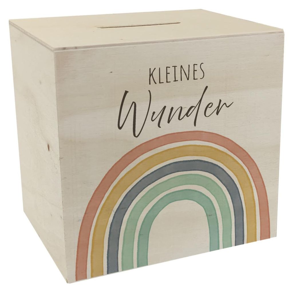 Spardose aus Holz mit der Aufschrift „Kleines Wunder“ im Boho-Stil, ideal als Geschenk zur Babyparty.