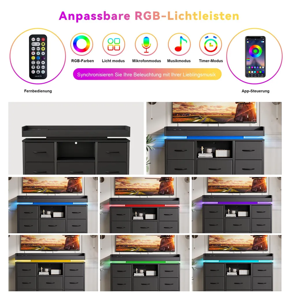 Commode UnboxG noire à 8 tiroirs avec LED et station de charge USB