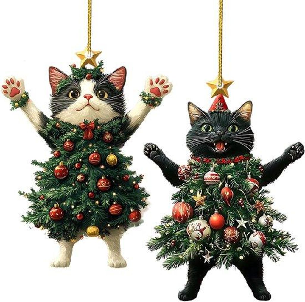Kerstkat aus schwarz-weiß - Kerstbaumdeko - Auto- und Taschenspiegel - Kamindeko - Katzenspielzeug - 2 Stück