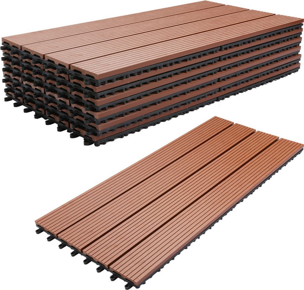 Jiubiaz Terrassenfliesen Holzfliesen WPC Fliesen 12er Kunststoff 2m² Garten 60x30cm Klickfliese Bodenbelag mit Drainage Braun