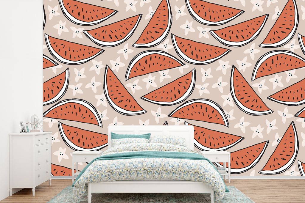 MuchoWow Fototapete für Wohnzimmer oder Schlafzimmer Wandtapete Vinyl Motivtapete Sommer - Wassermelonen - Sterne - Pastell - 450x300 cm - Gemus...