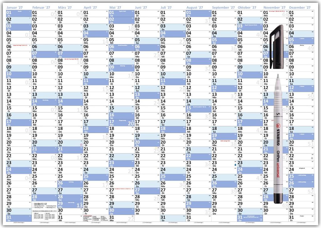 XL Wandkalender DIN A1 2027 blau, nass abwischbar + Folienstift Format 59,4 x 84,1cm Jahresplaner Wandplaner Kalender werden gerollt versendet