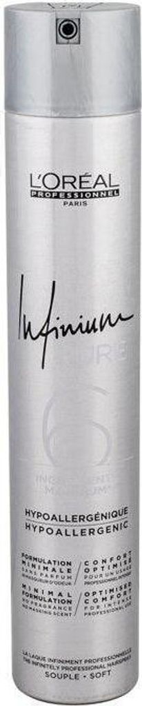 A silver aerosol can of L'Oréal Professionnel Infinium hairspray.