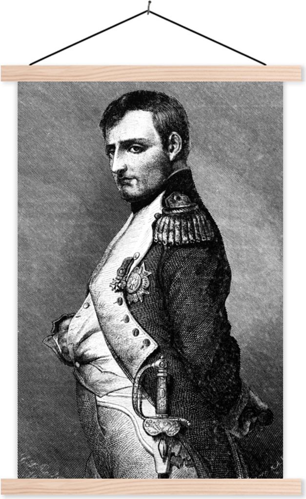 MuchoWow Textilposter Schwarz-Weiß-Illustration von Napoleon Bonaparte in stolzer Haltung 40x60 cm mit holzfarbenen Rahmen - Poster
