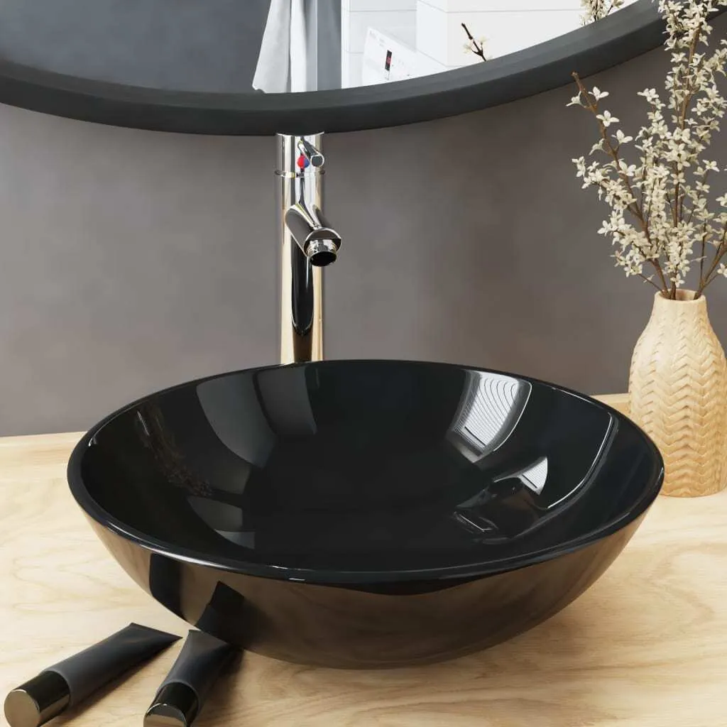 Lavandino Bagno Nero in Vetro Temperato con Rubinetto | The Living Store