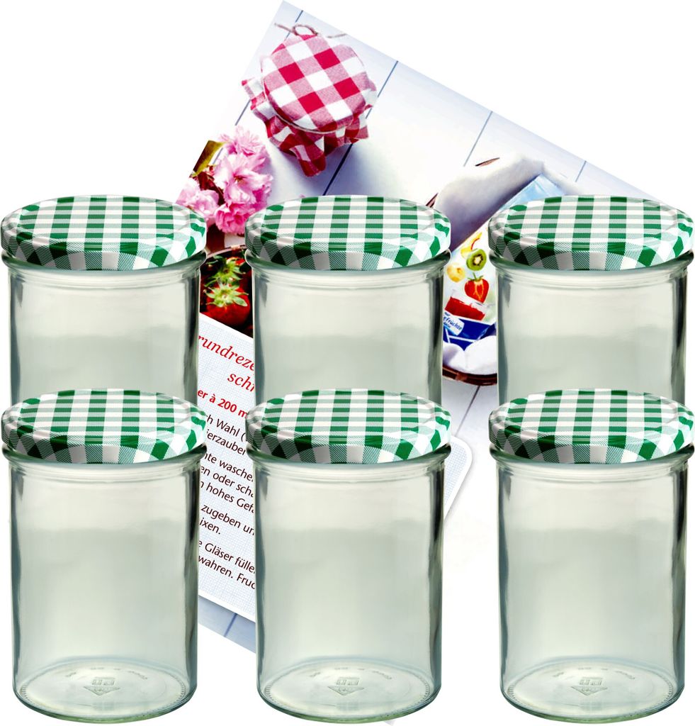 6er Set Sturzglas 435 ml Marmeladenglas Einmachglas Einweckglas To 82 grün karierter Deckel incl. Diamant-Zucker Gelierzauber Rezeptheft