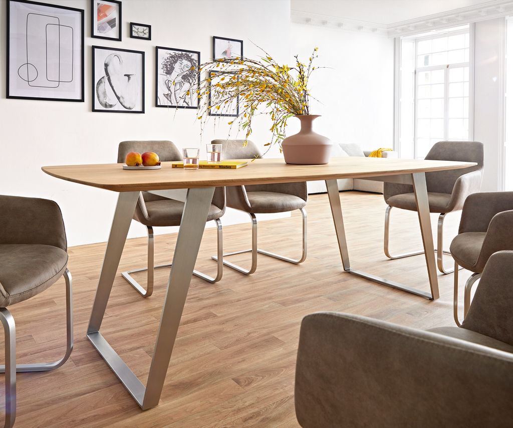 DELIFE Esstisch Edge Boot 200x100x2,5-3 Eiche Natur Edelstahl Schräg Schweizer Kante