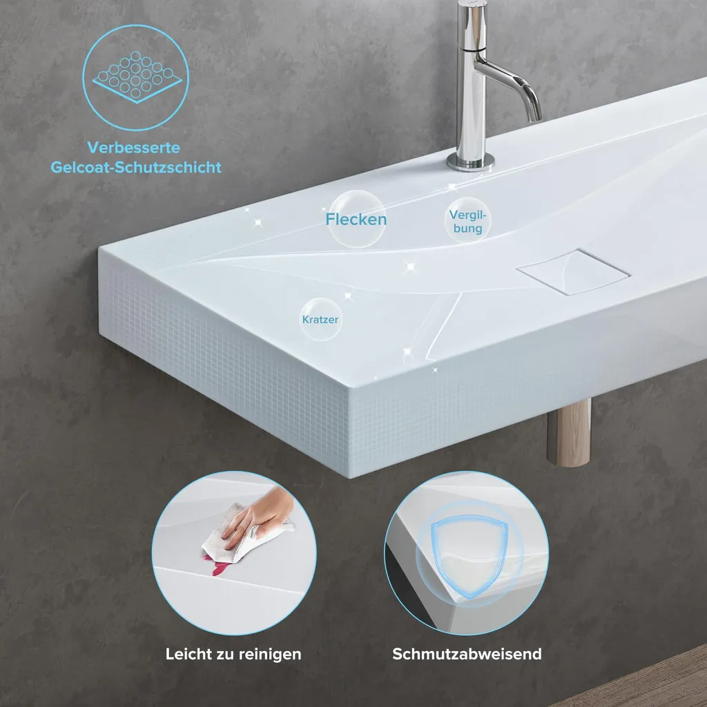 doporro Lavabo da Appoggio o Sospeso Rettangolare 80 cm in Marmoresina Bianco Lucido, Lavandino Bagno con Foro per Rubinetto, Montaggio a Parete - Colossum810 - 5