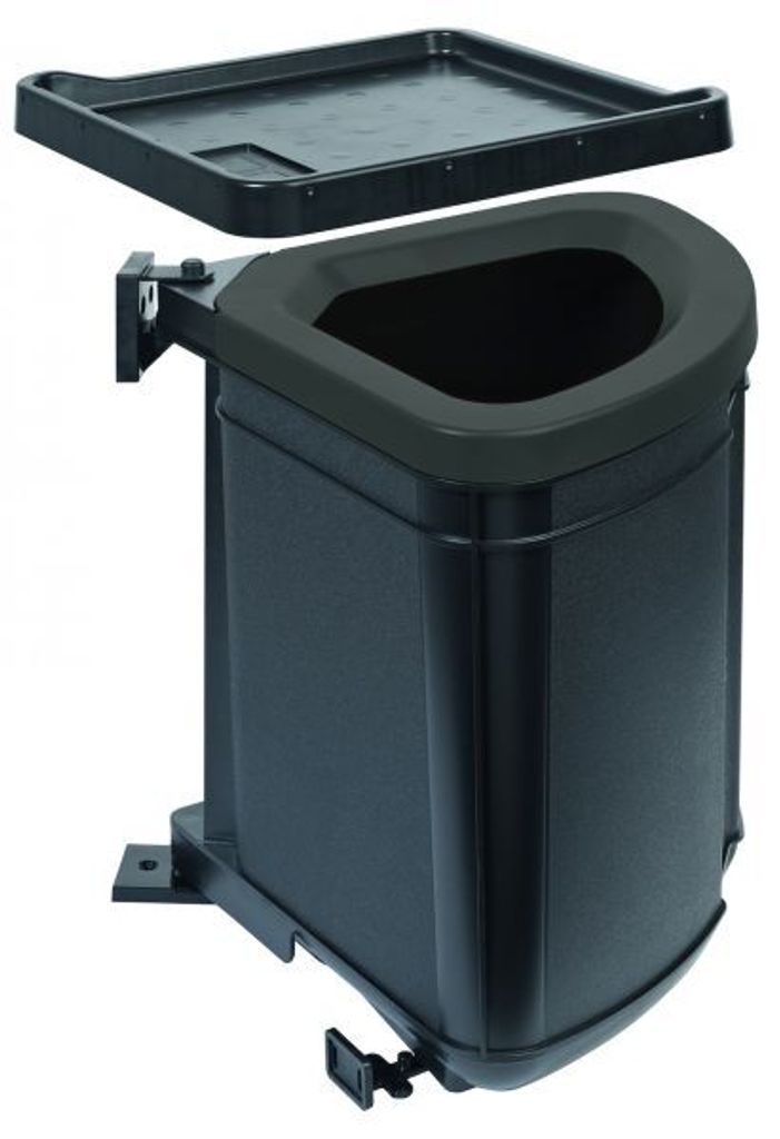A black trash can system with a tray, mounted on a white background.