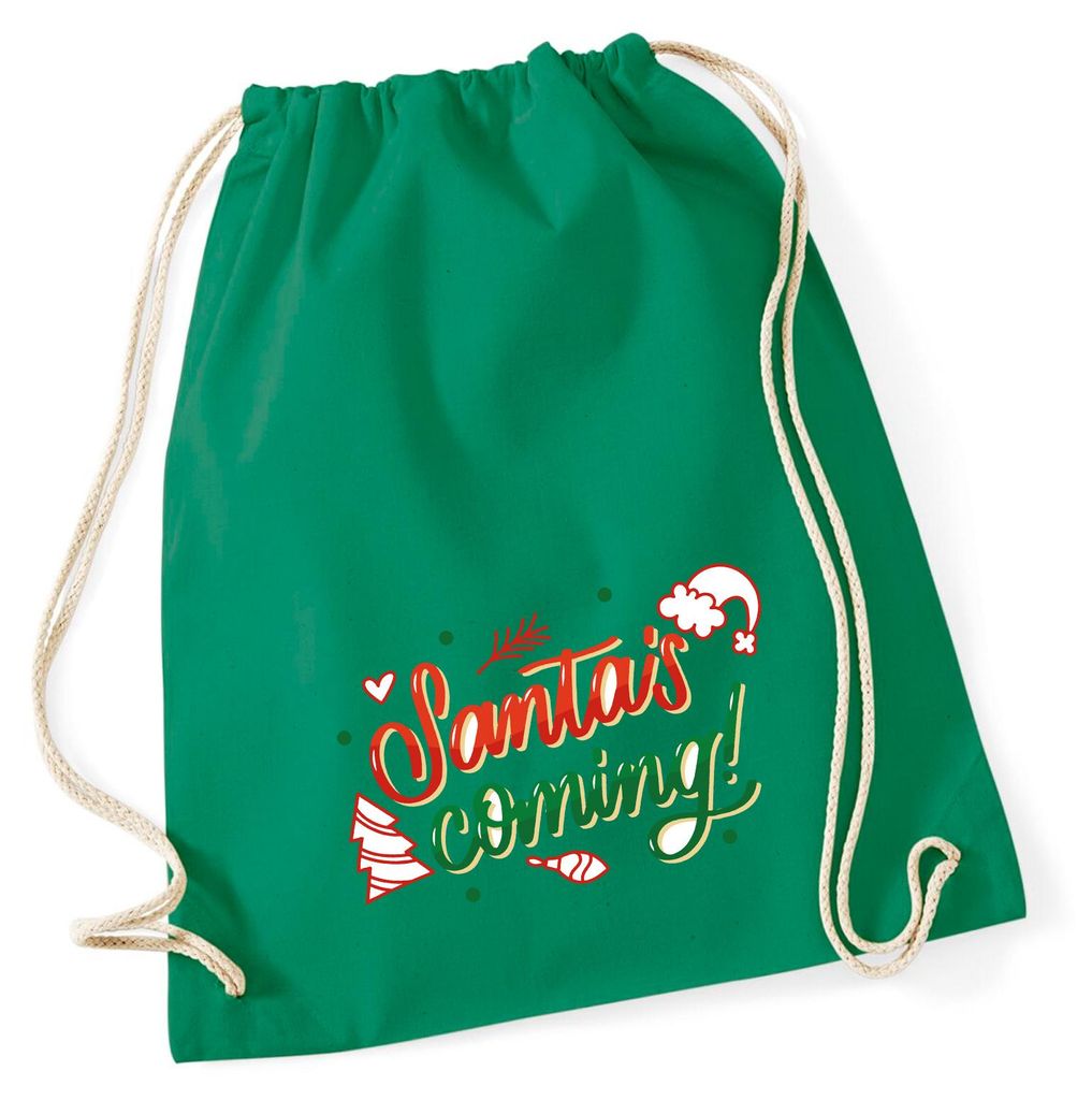 Huuraa Turnbeutel Santa is Coming Schriftzug 12 Liter Kelly Green Baumwolle Rucksack Geschenkidee