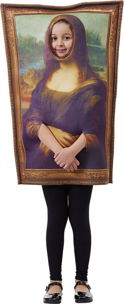 A child wearing a Mona Lisa costume, with their face visible through a cutout in the painting.
