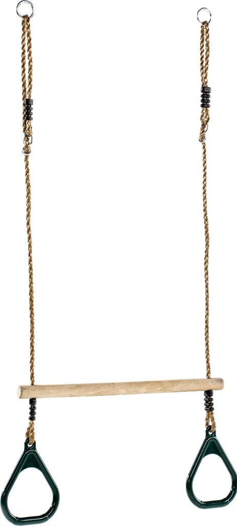 A product shot of a wooden trapeze bar with green plastic rings and rope.