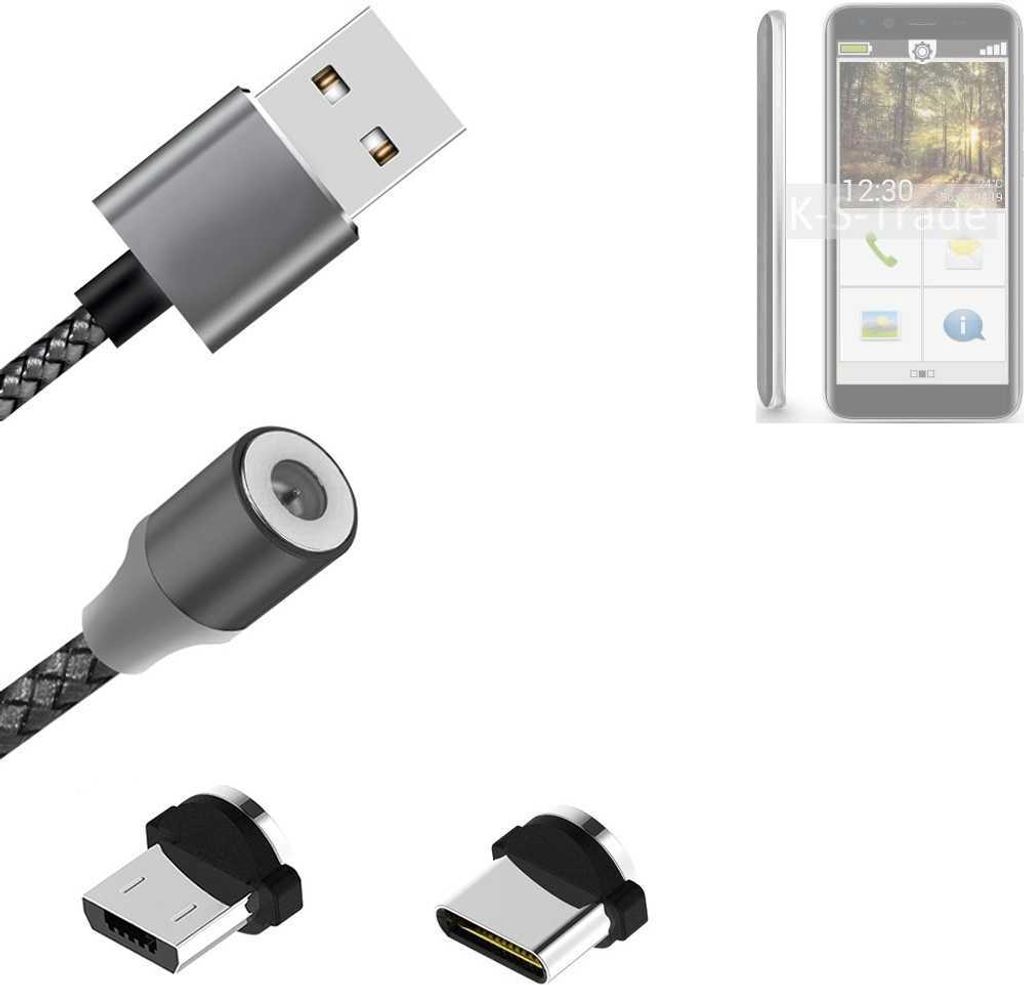 K-S-Trade Hochwertiges Magnet-Lade-kabel Sync-Kabel Daten-Kabel kompatibel mit Emporia Smart.3 Mini mit USB-Typ-C-Anschluss und Micro-USB-Anschluss 2A