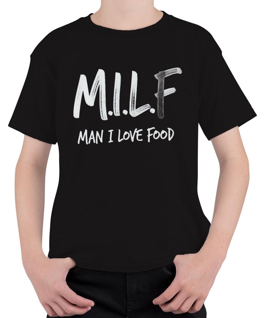 M.I.L.F Man I Love Food lustig Foodie Geschenk Geburtstag Grill Uni Kinder T-Shirt, Schwarz, 140