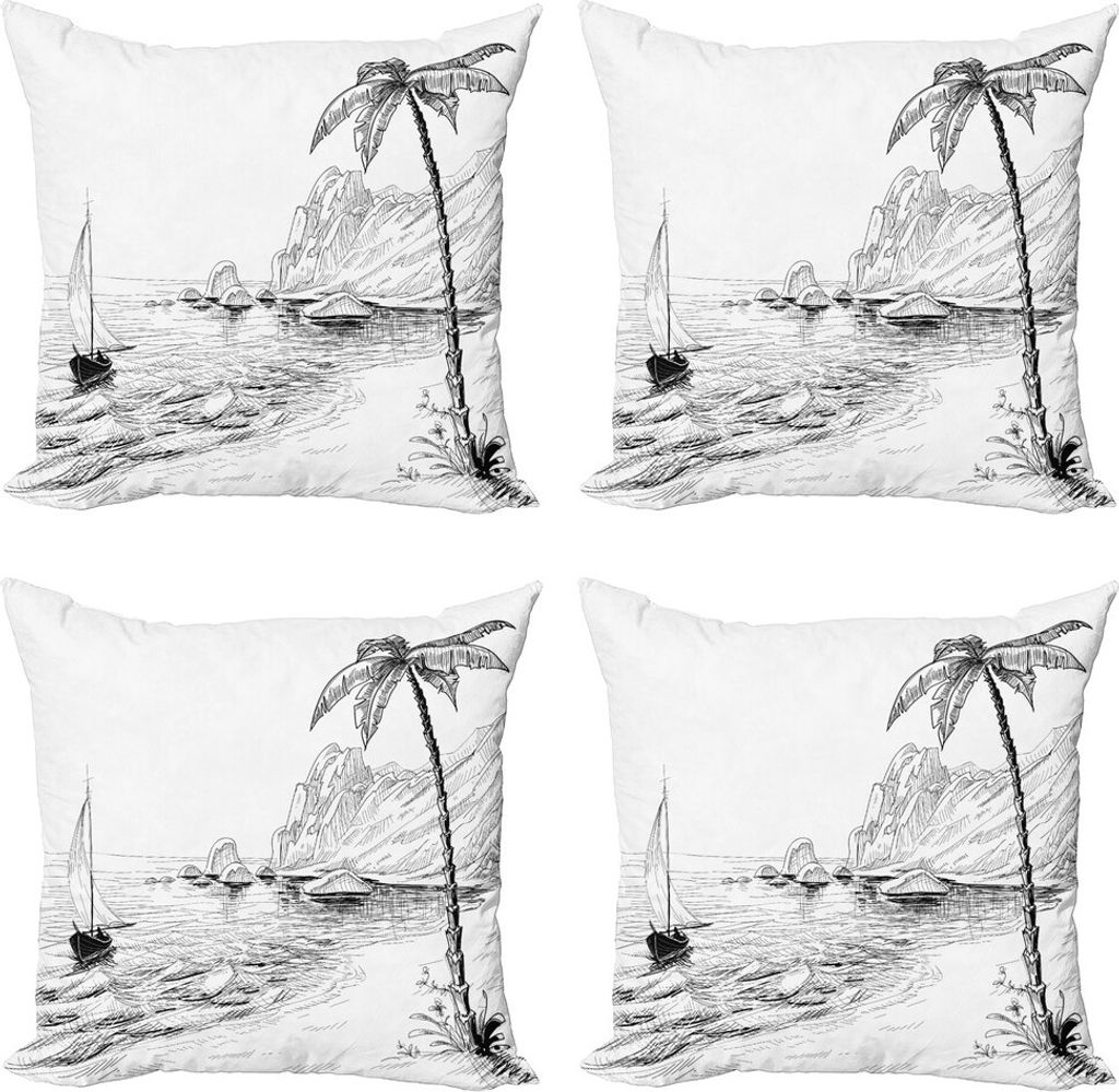 ABAKUHAUS Schwarz und weiß Kissenbezug Set (4 Stück), exotischer Urlaub, Moderner Doppelseitiger Digitaldruck, 40 cm x 40 cm, Schwarz-Weiss
