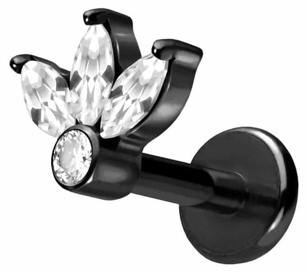 Ohrpiercing, Nasenpiercing Titan Labret mit Push Fit LOTUSBLÜTE Schwarz Stablänge: 8mm | Stabstärke: 1,2mm