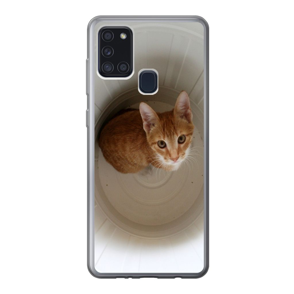 MuchoWow Handyhülle Schutzhülle Hülle für Samsung Galaxy A21s Katze - Mülleimer - Weiß Silikon Softcase Handy Hülle - Hartschale