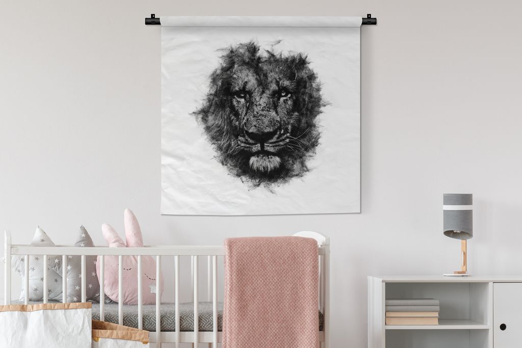 MuchoWow Wandteppich Wandbehang Löwe - Schwarz - Weiß 90x90 cm Tapisserie Dekoration Wandtuch - Wandaufhänger