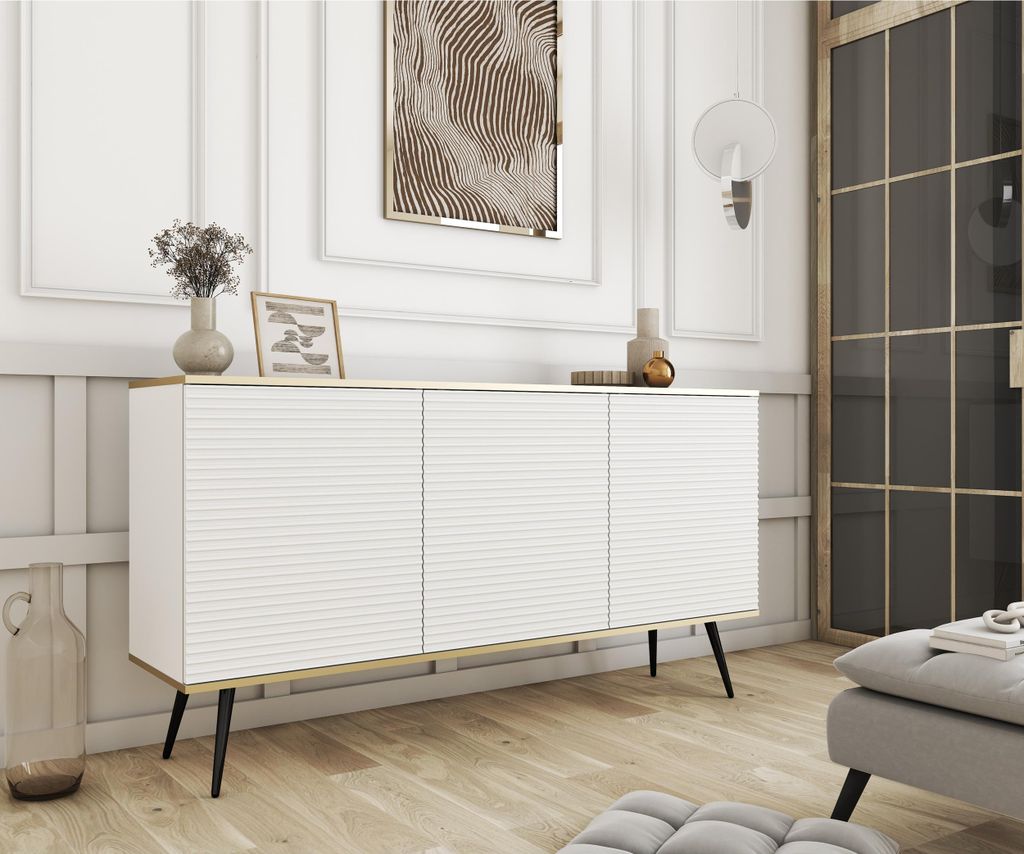 3-türig Kommode Gloss im glamour Stil Sideboard mit gerilltem Fronten Schrank mit Regalen 160 cm Breit modern Sideboard mit goldenen Zusätzen, Fa...