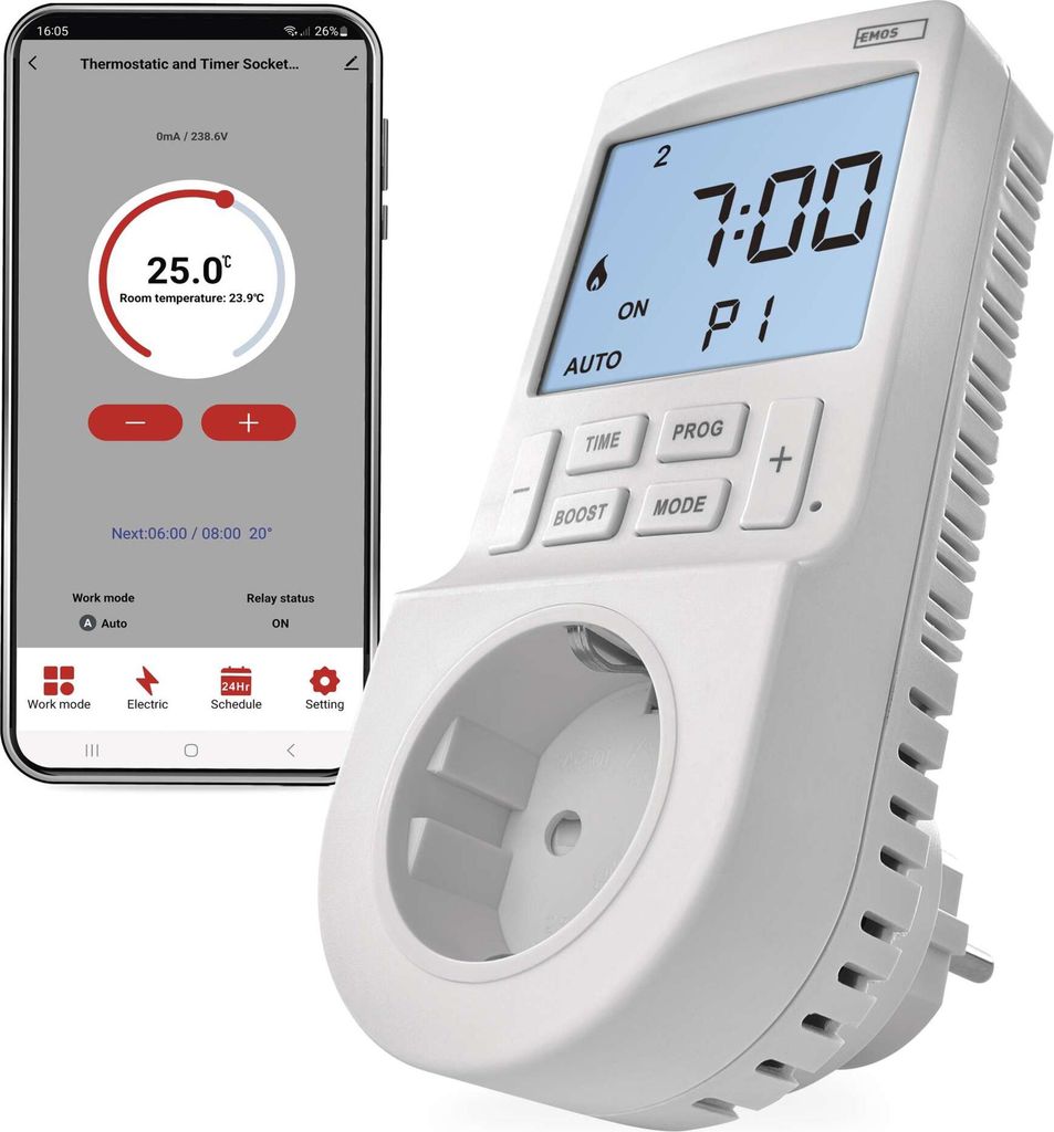 EMOS GoSmart 2in1 Steckdosenthermostat und Zeitschaltuhr mit App, Smart Home Raumtemperaturregler + Timer-Steckdose für Heizung/Kühlung, P56601SH