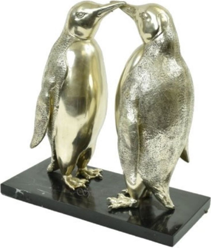 Casa Padrino Luxus Bronze Skulptur Pinguin Paar Silber / Schwarz 39 x 18 x H. 42 cm - Versilberte Bronzefiguren mit Marmorsockel