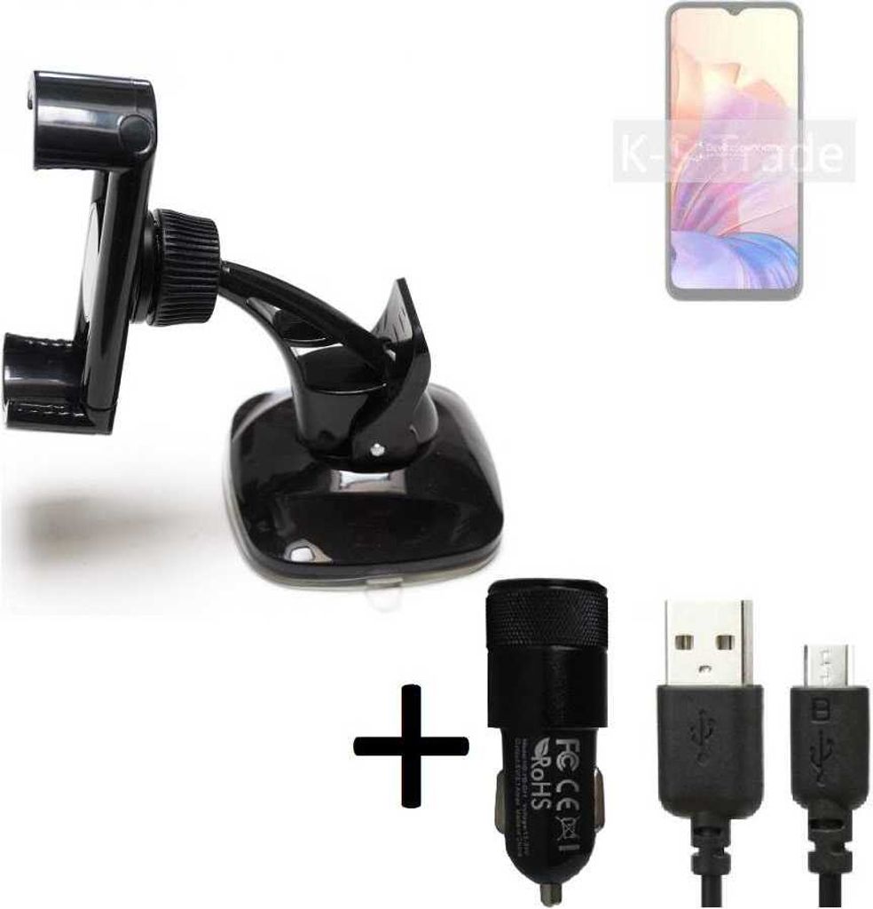 K-S-Trade Halterung kompatibel mit Blackview Oscal C80 Windschutzscheibe / Armaturenbrett + LADEGERÄT mit Mico USB Kabel Autohalterung KFZ Halter