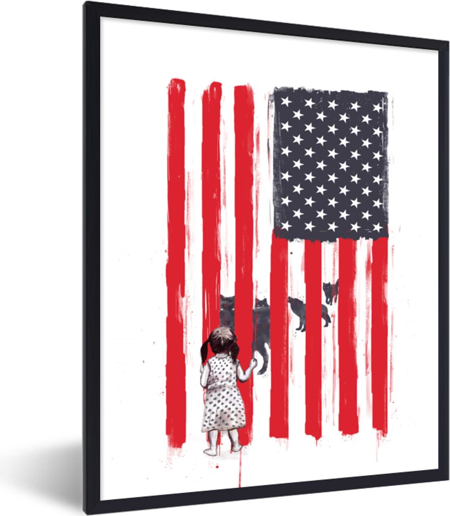 MuchoWow Gerahmtes Poster Mädchen - Vereinigte Staaten - Wölfe - Flagge 30x40 cm - Poster mit Schwarzem Bilderrahmen Wandposter Rahmen Foto Bil...