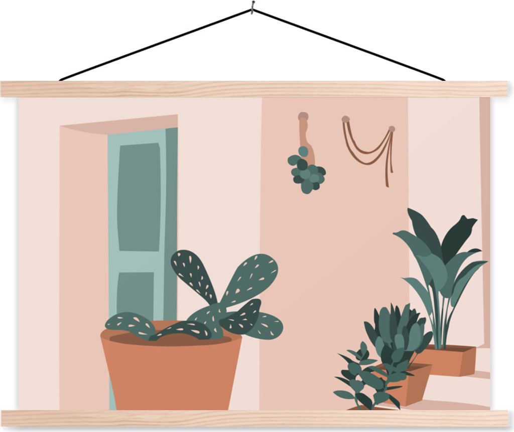 MuchoWow Textilposter Sommer - Pflanzen - Zuhause - Abstrakt 120x80 cm mit holzfarbenen Rahmen - Aufhängeset