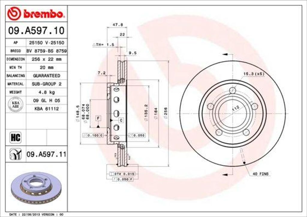 BREMBO 09.A597.11 Bremsscheibe OE 3B0615601B kompatibel mit Passat 3B, A4 8D