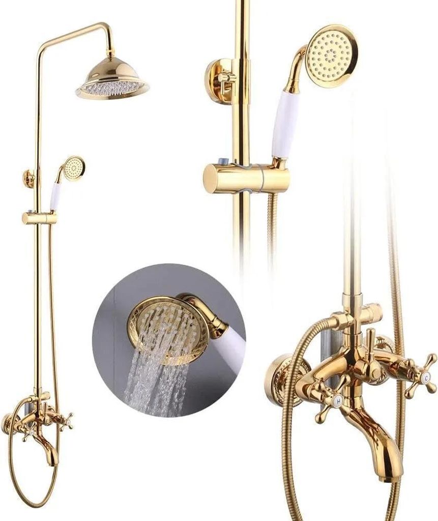 Duschsystem Komplett-Set, Regendusche & Handbrause, Armatur, 1,5 m Schlauch, Gold – Messing, Keramikventil