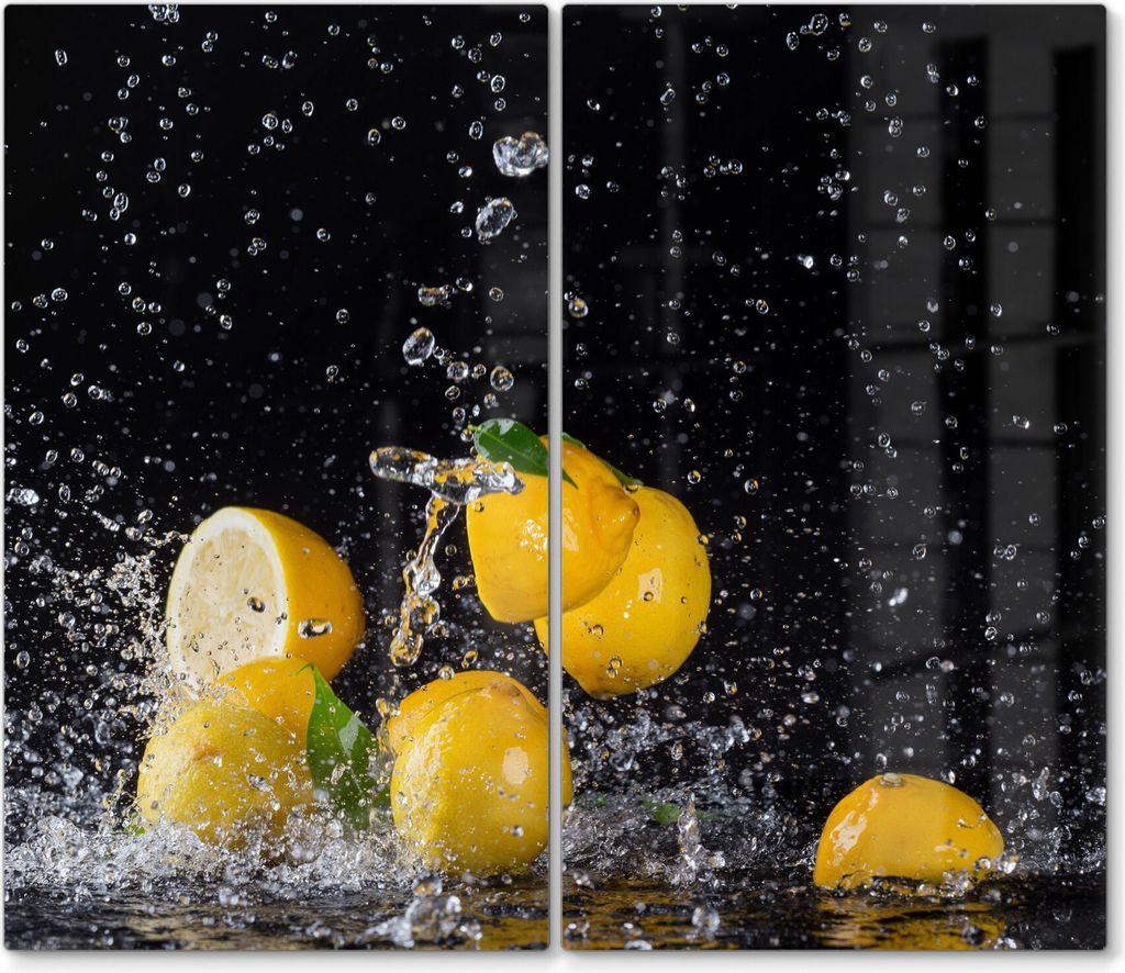 DEQORI Herdabdeckplatte Glas 2-tlg 'Zitronen und Wasserperlen' Herd Abdeckung Küche