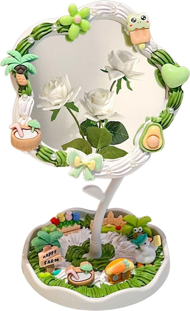 DIY handgefertigter Blumen-Schreibtischspiegel mit Ablage, drehbarer Kosmetikspiegel für den Schreibtisch, Mehrzweck-Schminktischspiegel für Dame...