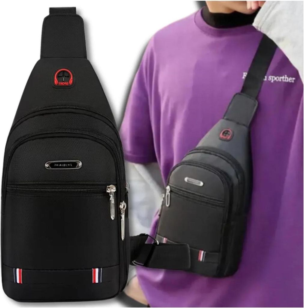 A collage showing a black sling bag, with one image of the bag itself and another of a person wearing it.