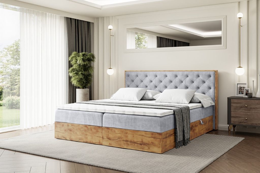 ALTDECOR Boxspringbett mit Eiche Holz LOLLI3 mit H4-Matratze, Kopfteil und Bettkasten - 140x200 - Hellgrau Samt
