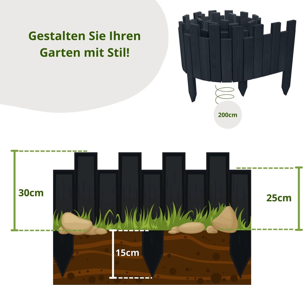 Floranica Beeteinfassung Rasenkante Holz Rollzaun Holzzaun 200 x 30 cm Antrazit imprägniert Flexible Rollborder Palisade Gartenzaun