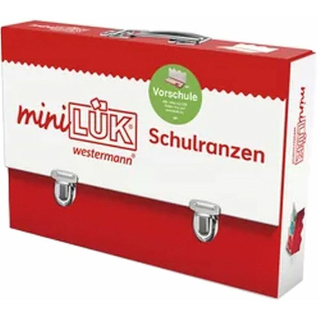 A red and white briefcase-style product box for a children's educational item.