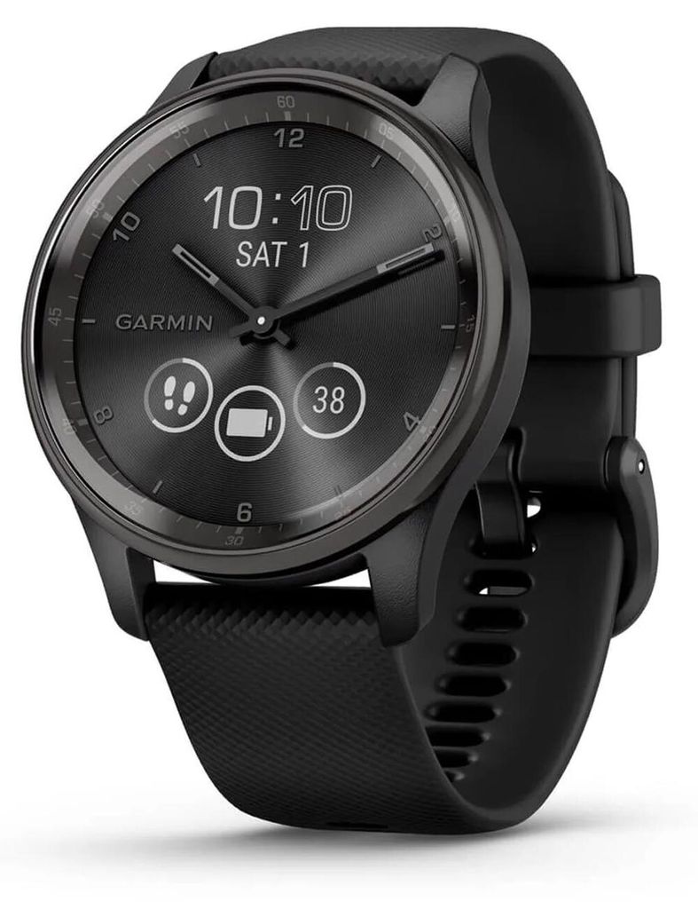A close-up studio shot of a black Garmin smartwatch.