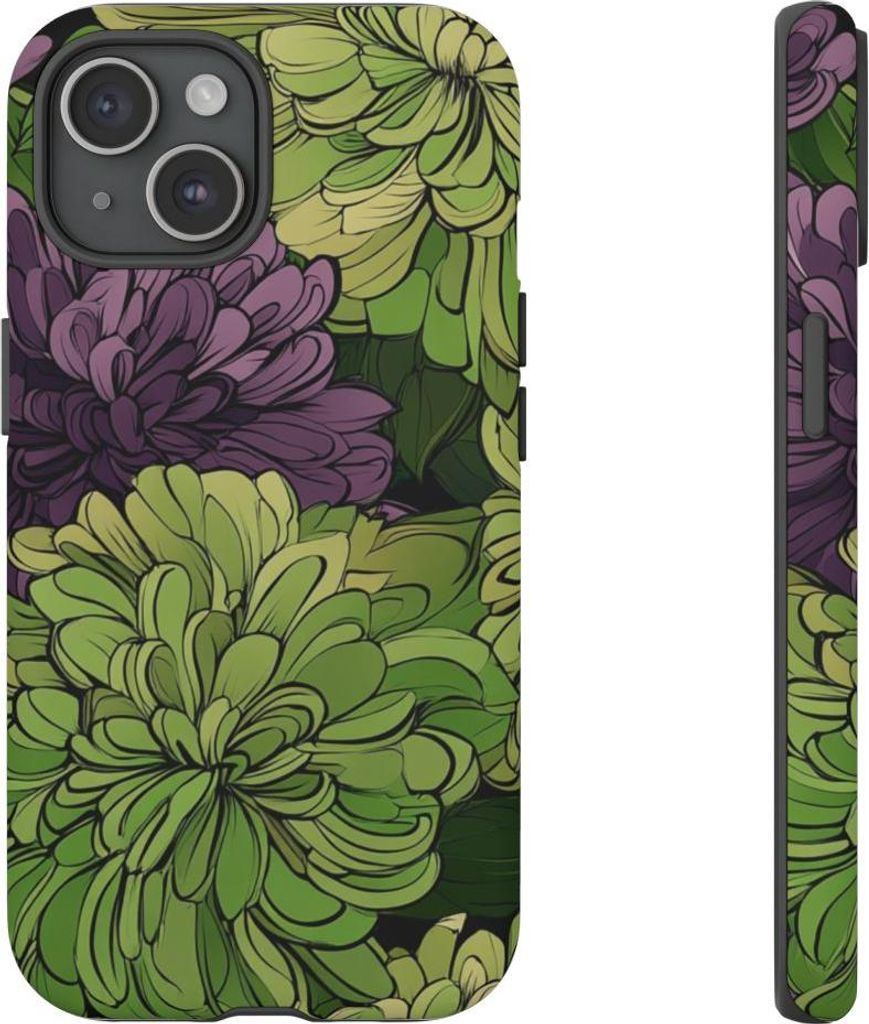 Grünes und violettes Chrysanthemenmuster – Hülle Kompatibel mit iPhone 15