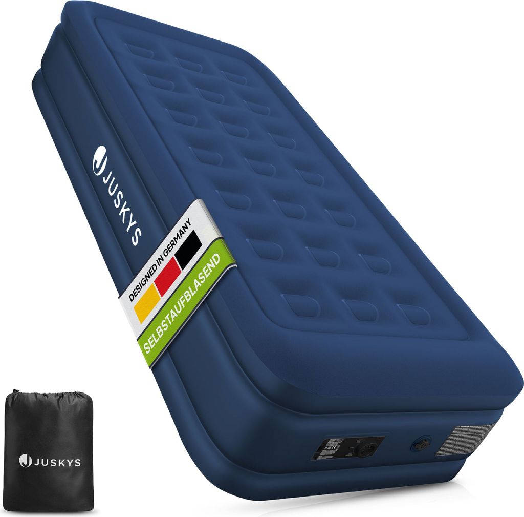 A blue inflatable mattress with a carrying bag next to it.