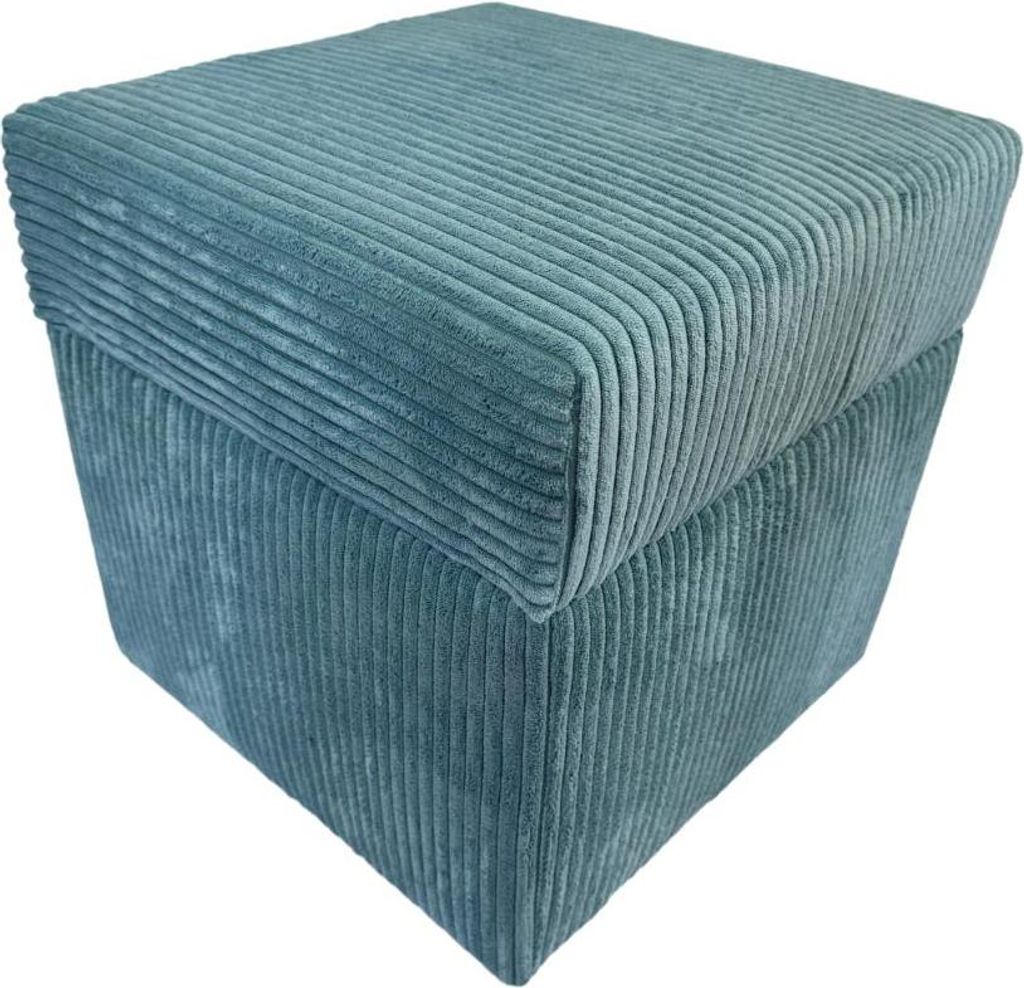 A close-up studio shot of a teal corduroy ottoman.