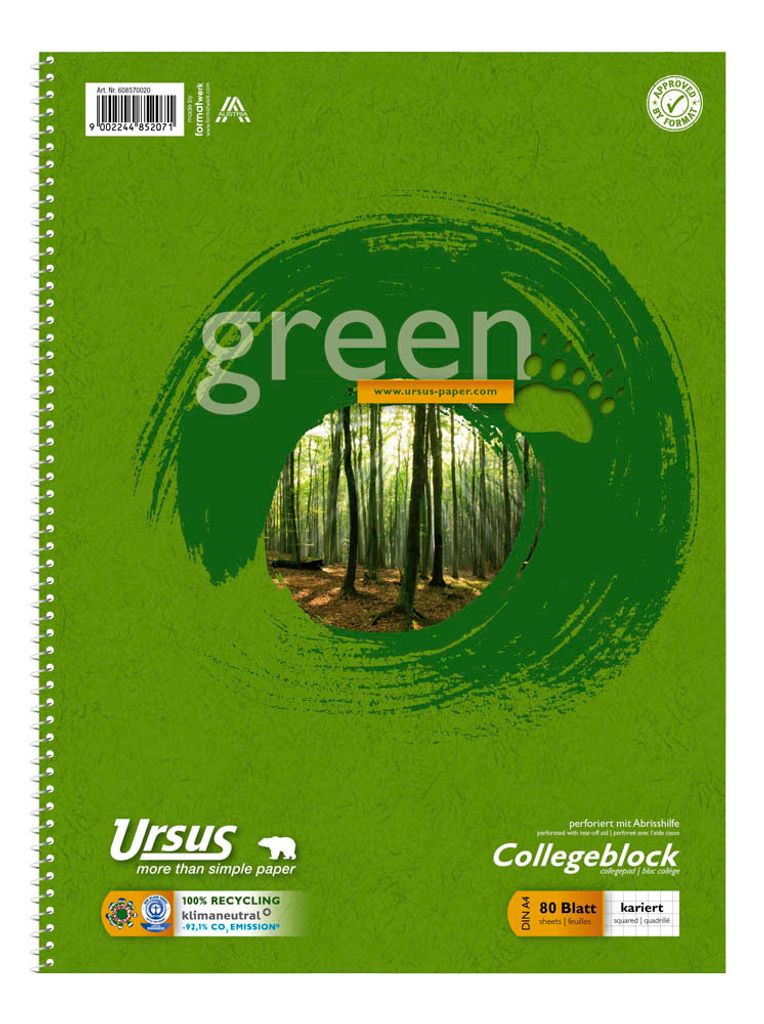 Ursus Collegeblock Green 608570020 DIN A Papierformat: DIN A4
