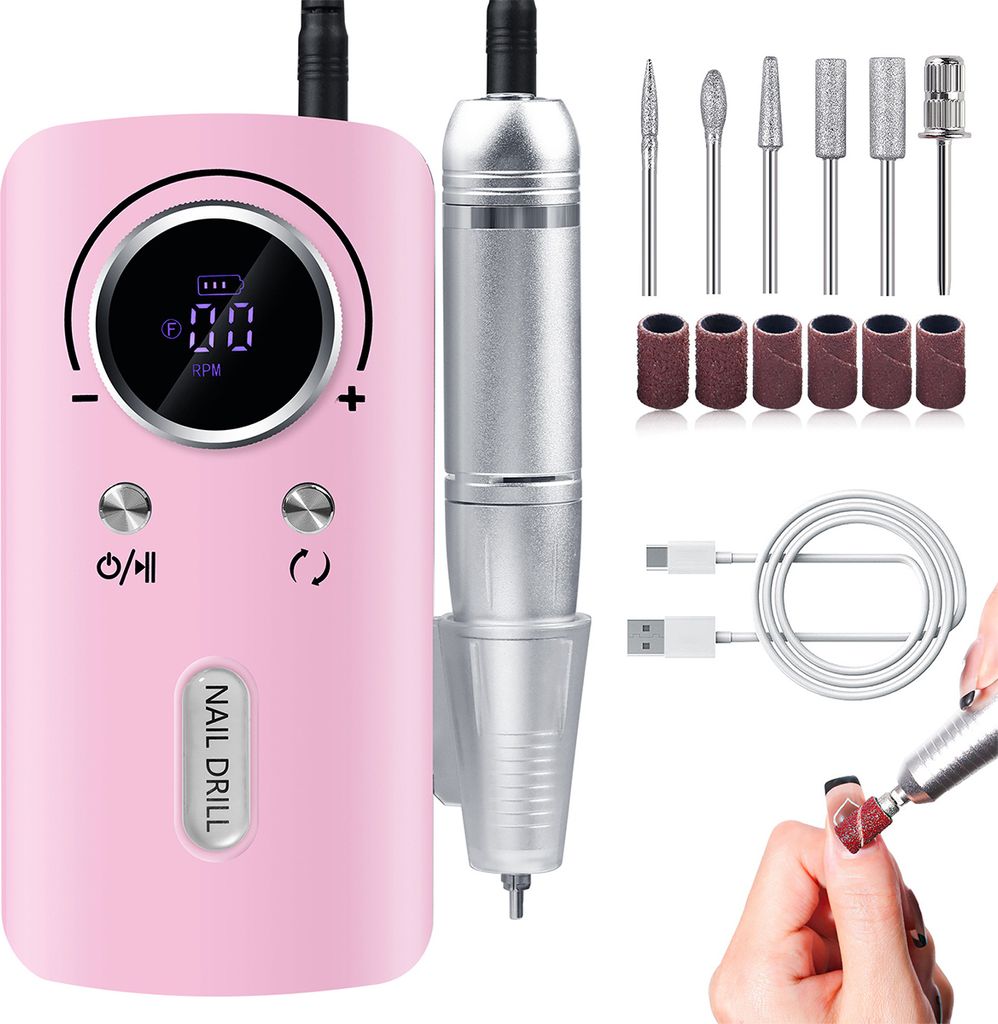 Professionelle 45000 RPM Elektrische Nagelfräser, Tragbar mit LCD-Anzeige, 6 Metall-Polierkopf, Rosa