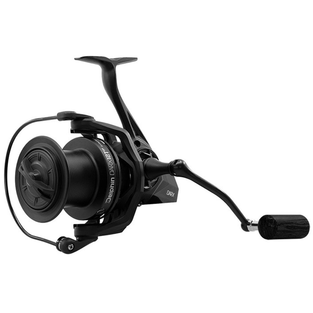 A black fishing reel is shown against a white background.