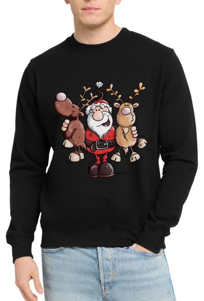 Spreadshirt Fröhlicher Weihnachtsmann Mit Rentieren Cartoon Stil Uni Pullover, XL, Schwarz