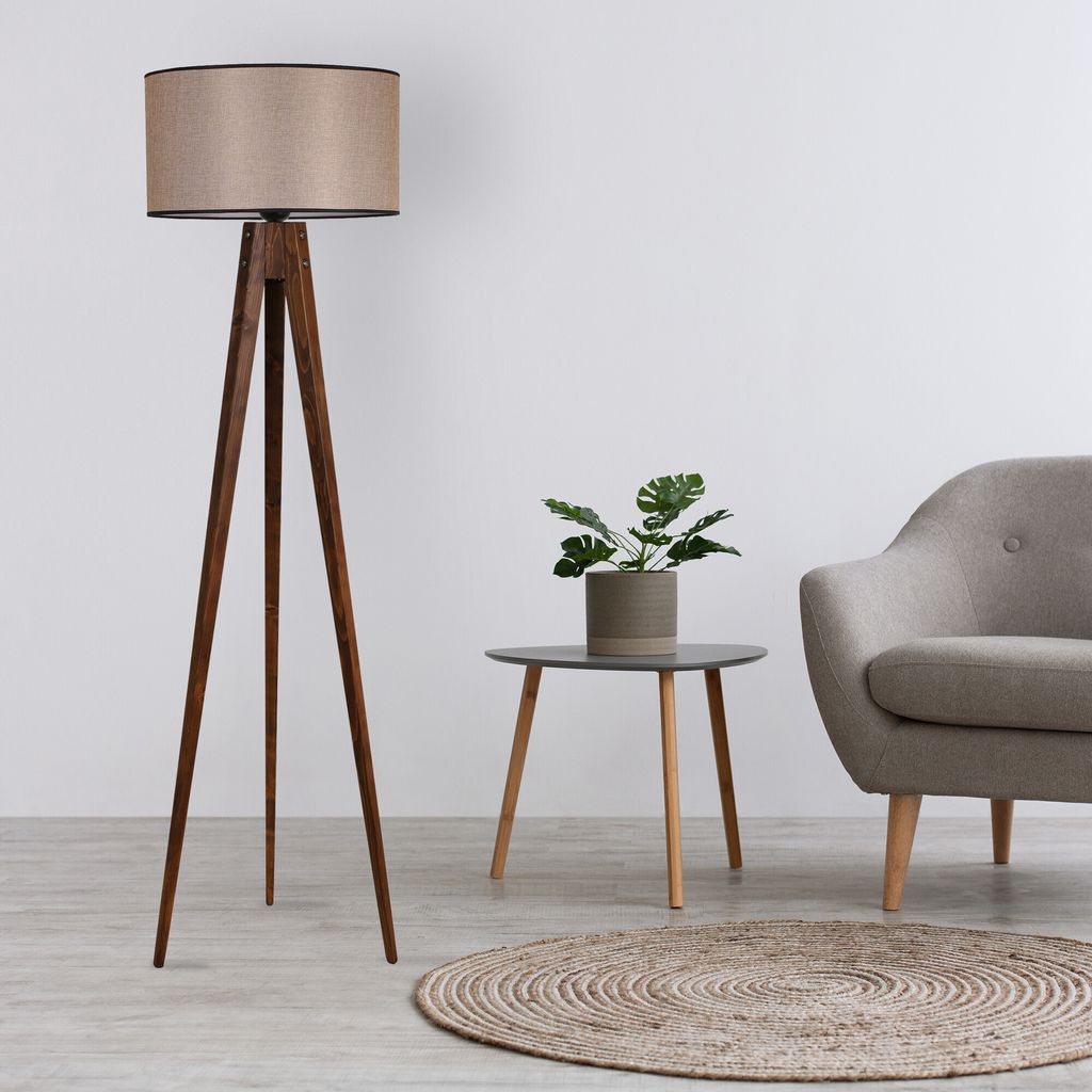 Opviq, Tripod Ceviz Lambader Silindir Koyu Hasır Abajurlu, Stehlampen, Nussbaum, Holz, 45 x 45 x 153 cm