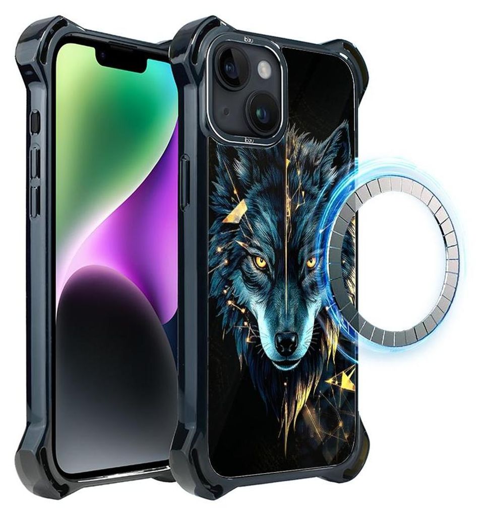 Schutzhülle für das iPhone 14 Plus, MagSafe-kompatibel, verstärkte Ecken, schwarz, Wolf, blau mit Gold