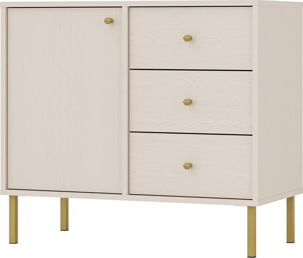 Masseno Kommode TORINO 84 cm Sideboard mit 3 Schubladen und 1 Türen für Wohnzimmer Schlafzimmer Modern 84x41x74 cm Beige / Beige