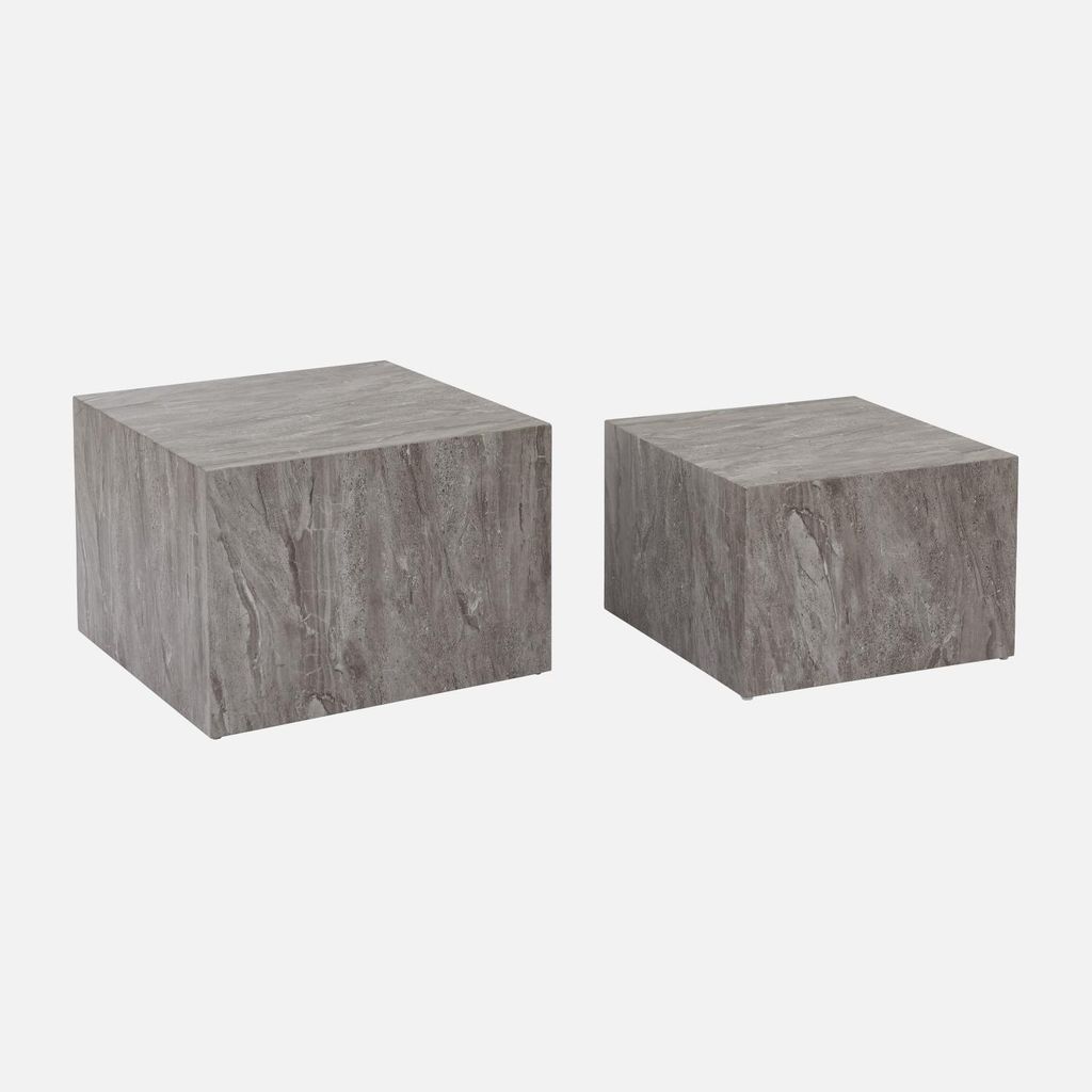 Two square coffee tables with a marble look, one larger than the other, are displayed against a white background.